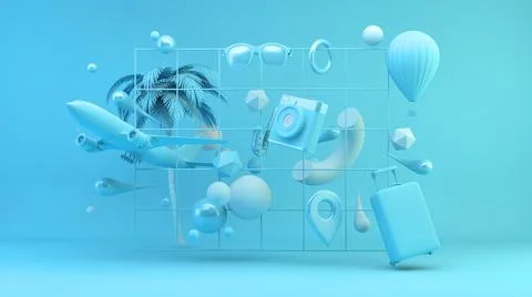 Grid with blue travel essentials Stock Illustration