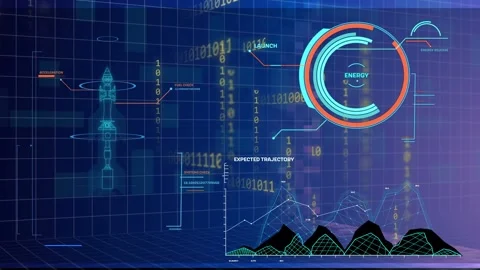 Grid booting, telemetry HUD animating mesh graphs and circular gauge, indicating Stock Footage 335732117