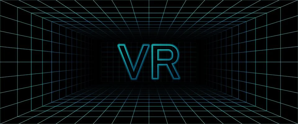 Grid box perspective 3d perspective digital background in cyan VR style. Stock Illustration