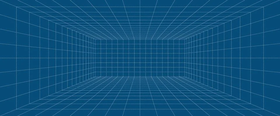 Grid box perspective 3d perspective digital background in blueprint style. Illustrazione stock
