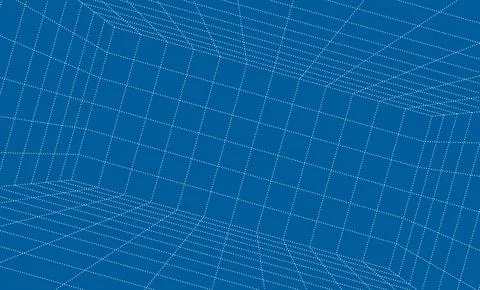 Grid box perspective 3d perspective digital background in blueprint style. Illustrazione stock