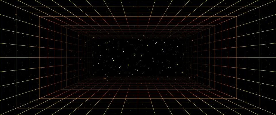 Grid box perspective 3d perspective digital background with yellow in purple Stock Illustration