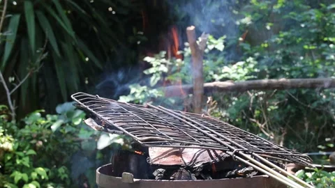 Grid burning clean on a fire Stock Footage 144857693