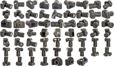 Grid Collage of Digital Camera from Various Angles Foto stock