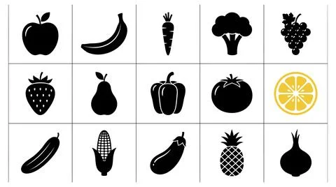 Grid collection featuring minimalist silhouette icons of fresh healthy Stock Illustration