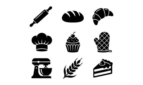 A grid collection of various black bakery food icons Stock-Illustration