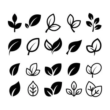 A grid collection of various leaf icons and sprouts, showing minimal vector.. イラスト素材
