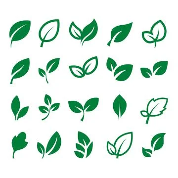 A grid collection of various leaf icons and sprouts, showing minimal vector.. イラスト素材