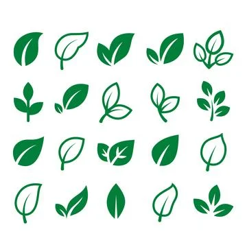 A grid collection of various leaf icons and sprouts, showing minimal vector.. Stock Illustration