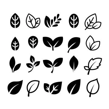 A grid collection of various leaf icons and sprouts, showing minimal vector.. Stock Illustration