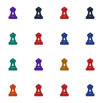 A grid of colorful bishop chess piece icons isolated on a plain white backg.. Stock Illustration