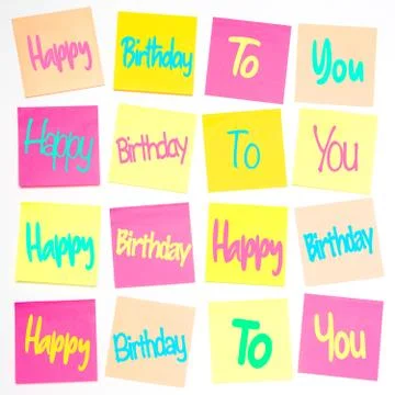 A grid of colourful sticky notes with The Happy Birthday song lyrics on Stock Photos