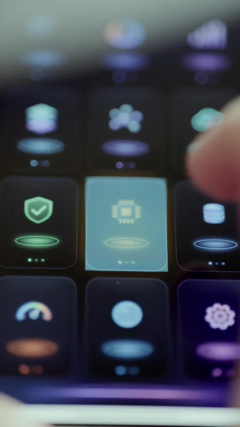 Grid of Cybersecurity and Cloud Apps on Mobile Device Stock Footage 341872849