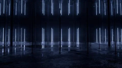 Grid of dark poles carrying rows of short glowing light bars Stock Illustration