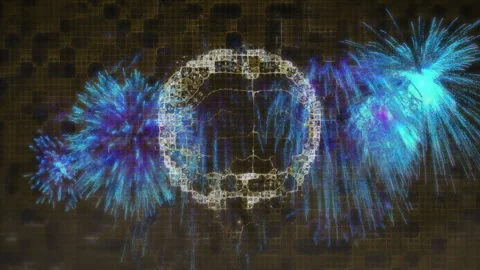 Grid darkening, wireframe brain outline rising, igniting cyan bursts at nodes, Stock Footage 311085276