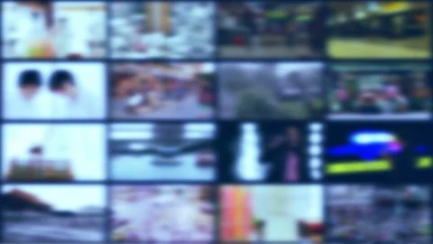Grid of defocused screens for Set Background, TV Newsroom  Broadcast Stock Footage 91369754