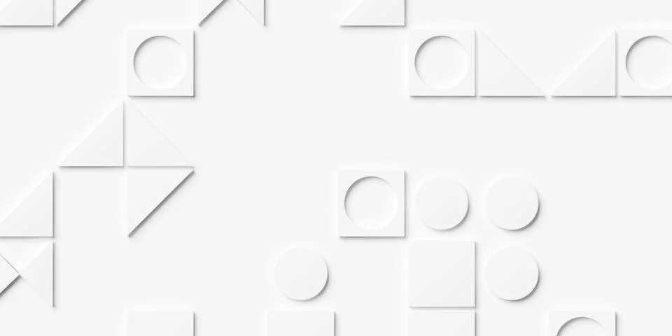 Grid of different geometrical white shapes sparsely scattered geometry back.. Stock Illustration