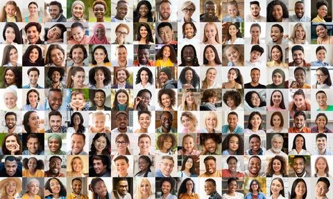 Grid of diverse blurred faces in collage 写真素材