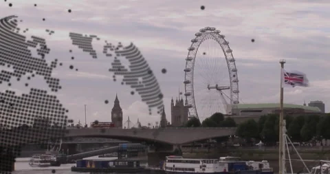 Grid of dots coalescing into rotating globe, fragmenting, revealing underlying Stock Footage 310326744