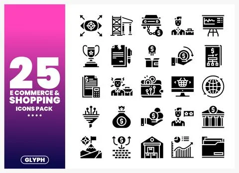 A grid of e-commerce and shopping glyph icons in black on a white background. Stock Illustration