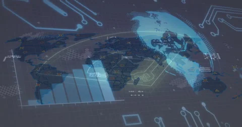 Grid emerging, flat world map and 3D globe rotating, tracing arcs, rising bars Stock Footage 311505904