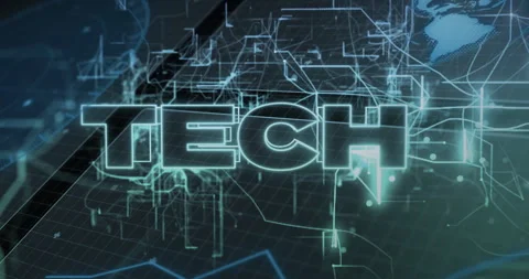 Grid emerging triggers lines converging into neon TECH text, data streaming for Stock Footage 309983765