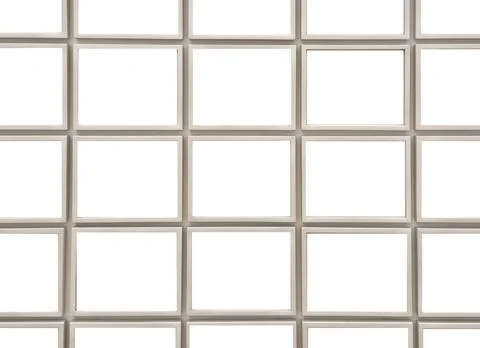 Grid of empty white picture frames arranged in rows, mockup template for art Stock Photos
