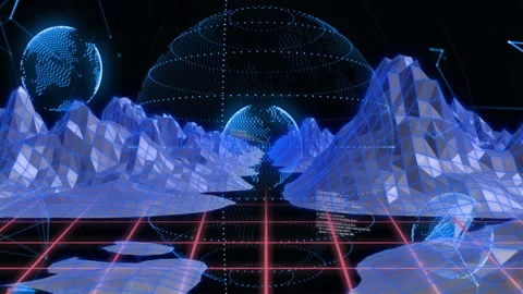 Grid extending into wire mountains causing sphere forming, scrolling code and Stock Footage 312098862