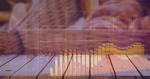 Grid fading in, bars rising, peaking, dropping, pointer sweeping, showing sales Stock Footage 329923234
