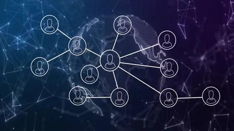 Grid fading, central node extending lines circles morphing avatars globe Stock Footage 310826185