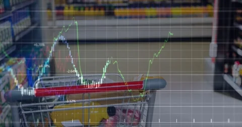 Grid fading in, colored line charts animating over shopping cart and annotating Stock Footage 321377759