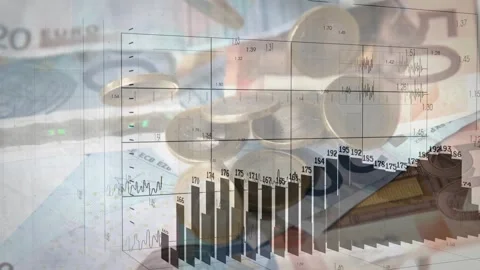 Grid fading in, Euro notes and coins showing plots and bars growing rightward, Stock Footage 329433787