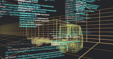 Grid fading in initiating code lines cascading across 3D wireframe truck model Stock Footage 317184030