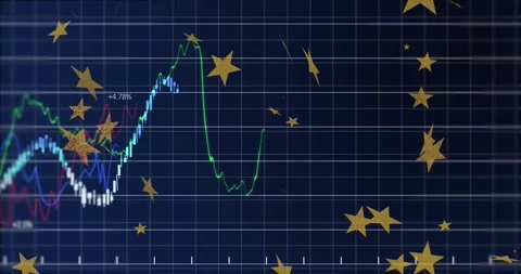 On grid fading lines rising and falling stars drifting labels appearing Stock Footage 317154787