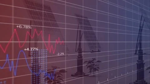 Grid fading in, red and blue lines drawing over solar panel array, percent Stock-Footage 333901310