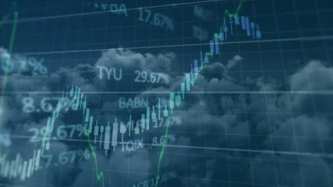 Grid fading starting candlestick chart rising then falling with tickers updating Stock Footage 329851024