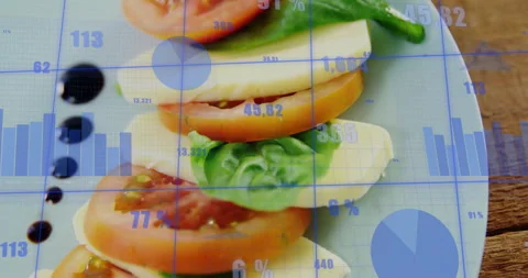 Grid fading in starting data charts animating over salad stack, visualizing live Stock Footage 312713175