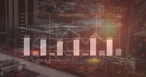 Grid fading in triggers bars and line graph updating values to illustrate Stock Footage 311050011