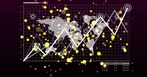 Grid filling frame, map emerging, bars updating, dots drifting, graph climbing Stock Footage 317369638
