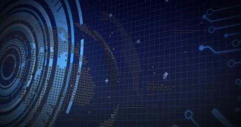 Grid filling pulsing interface rings rotating globe animating code circuit lines Stock Footage 317607999