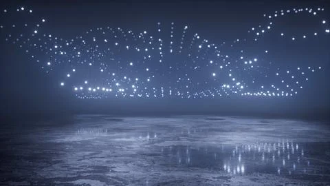 Grid of floating lights hovering above a wet stone floor Stock Illustration
