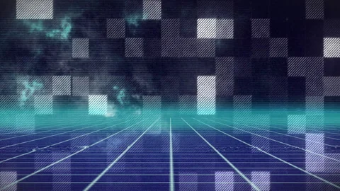 Grid floor glowing with wireframe lines and floating pixel blocks casting retro Stock Footage 307551230