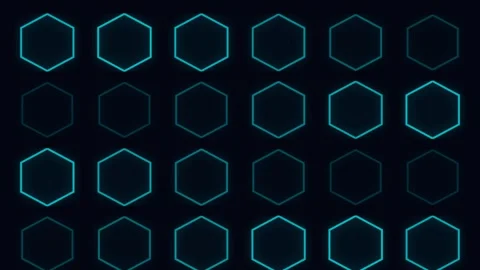 A grid of glowing blue neon hexagons set against a solid black background Stockbeeldmateriaal 338310838