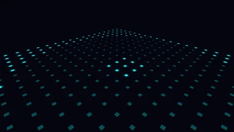 A grid of glowing blue squares receding into a dark black background space Stock Footage 335117378