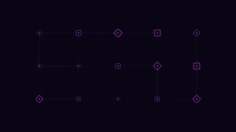 A grid of glowing purple geometric shapes floating on a dark black background Stock Footage 338310756