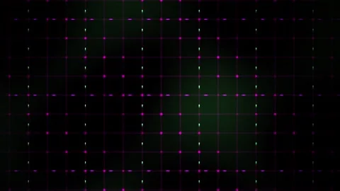 Grid with Glowing Purple Nodes and Green Light Pulses on Dark Abstract Back.. 動画素材 343727535