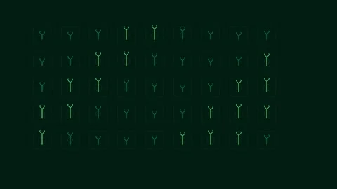 Grid of glowing y-shaped symbols arranged in a neat rectangular pattern Stock Footage 339618940