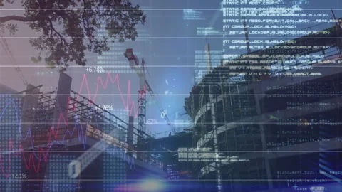 Grid growing on crane spawning code lines, graph climbing under rising light Stock Footage 310863938