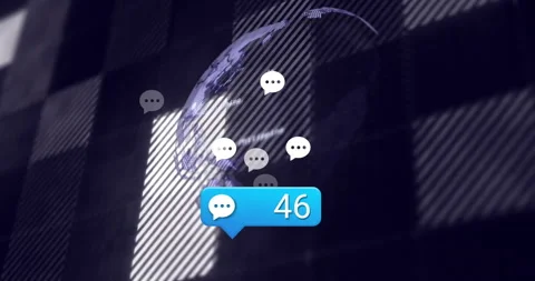 Grid highlighting starting blue chat bubble updating to 95, globe rotating Stock Footage 310638089