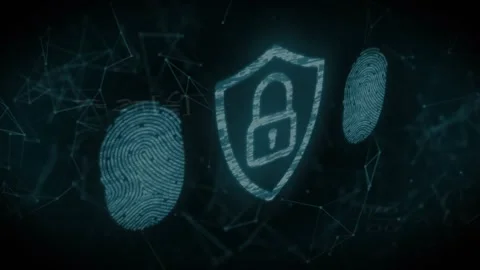 As grid initializing fingerprint scans appearing and pixels forming shield 스톡 동영상 318194660